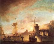 Monamy, Peter A clam sunset scene oil painting
